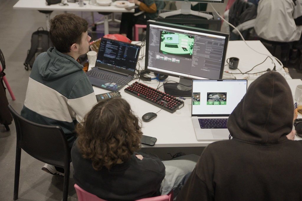 The team building the gaze-controlled interface in Unity during the hackathon